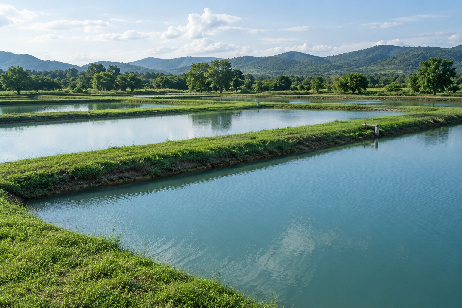 Illustrative aquaculture pond water supply & drainage scene